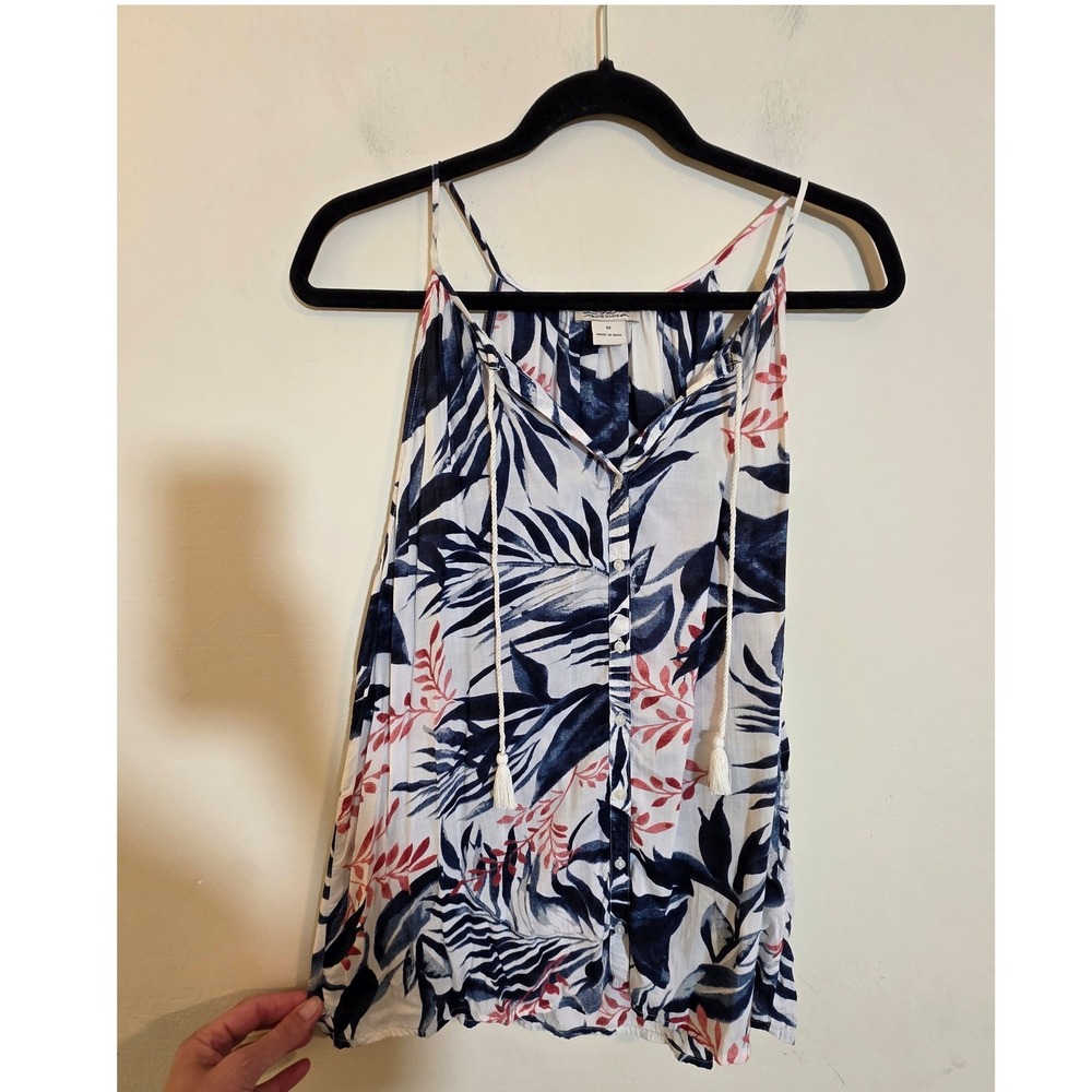 Lucky Brand Womens‎ Tropical Leaf Print Tassel Tank Top Navy Coral 7WD40259 M